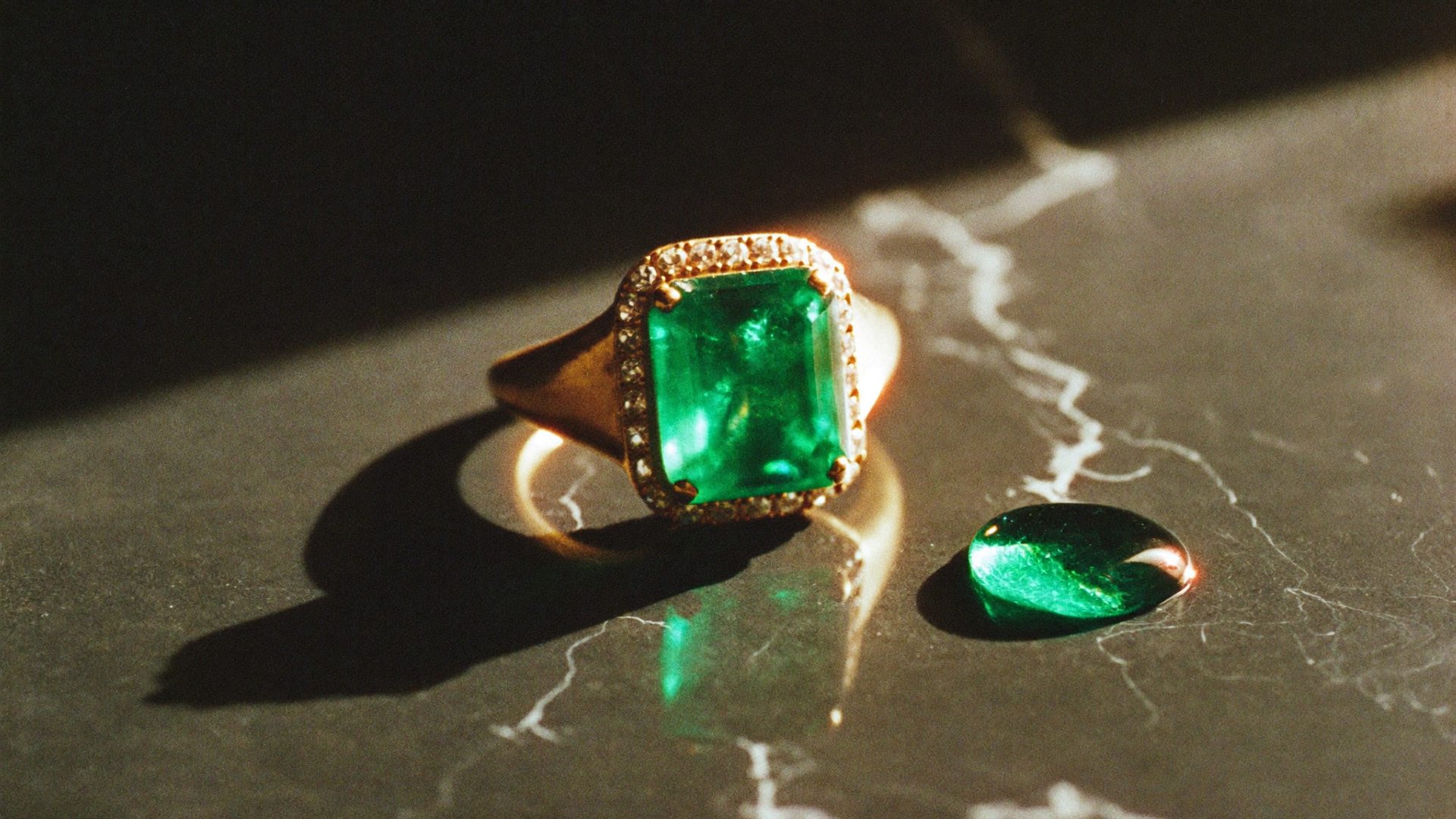 Emerald ring on dark green silk