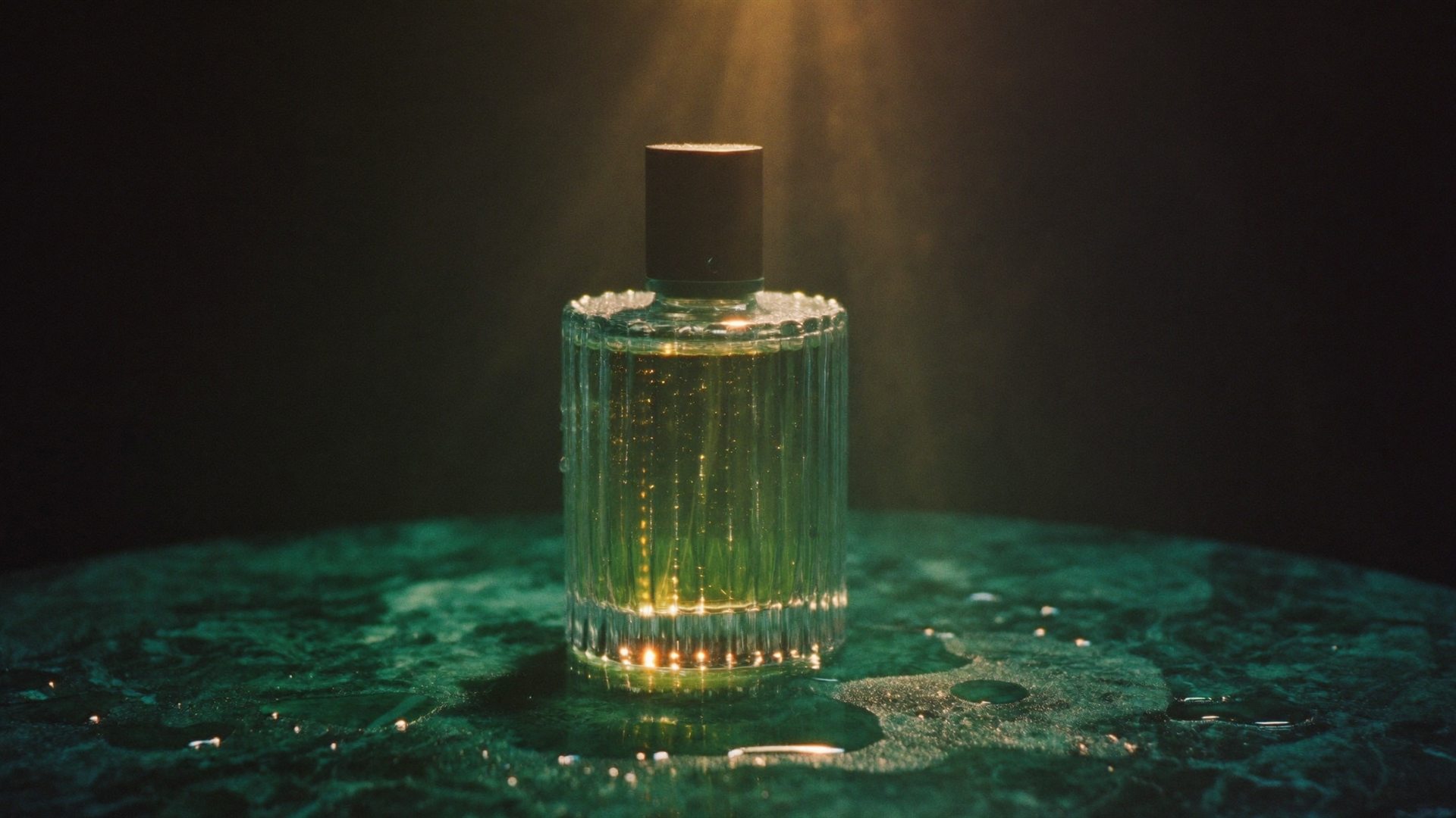 Perfume bottle on wet green marble in a shaft of light